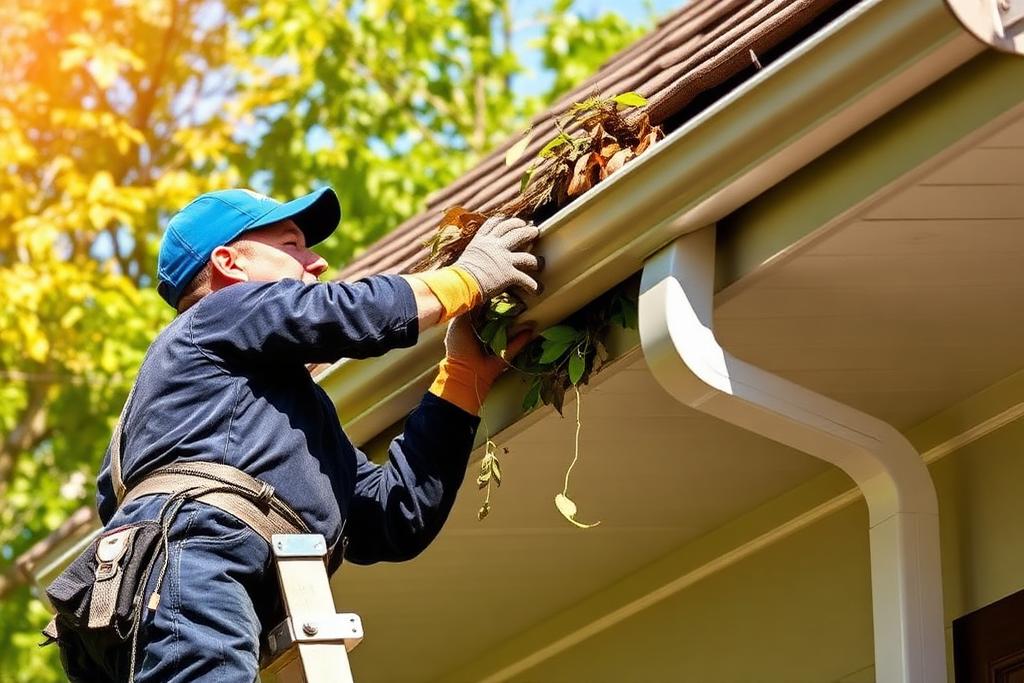 Technician cleaning debris from a residential gutter