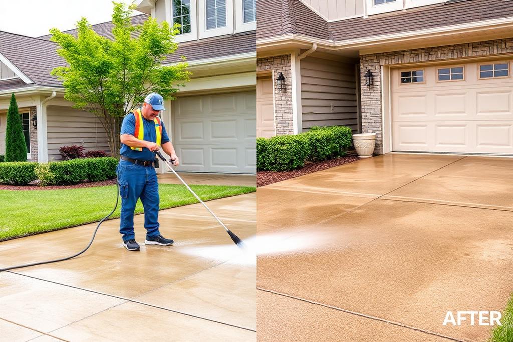 Pressure washing a residential concrete driveway